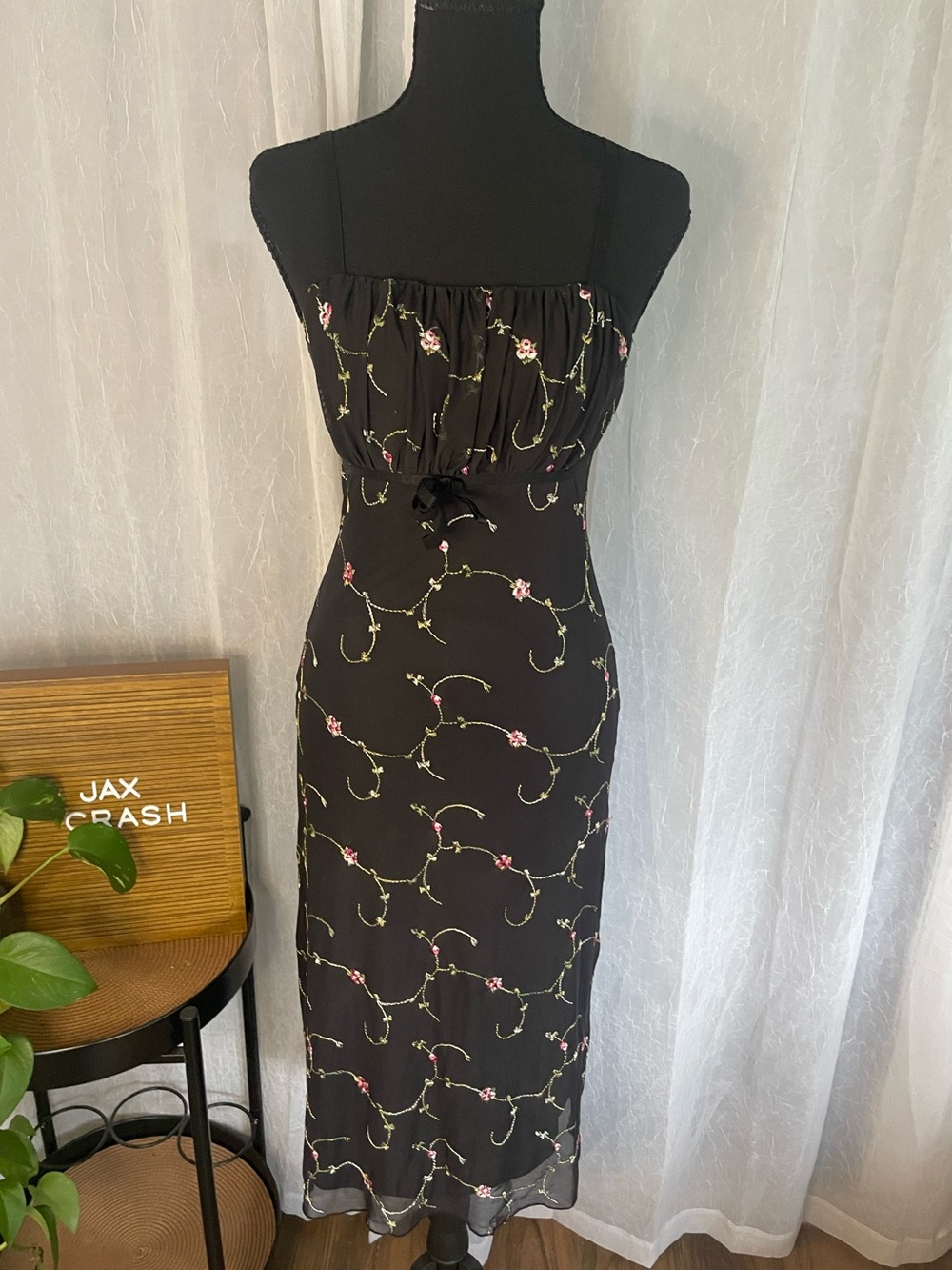 Jessica Simpson Black Midi Slip Dress with Pink Floral Embroidery
